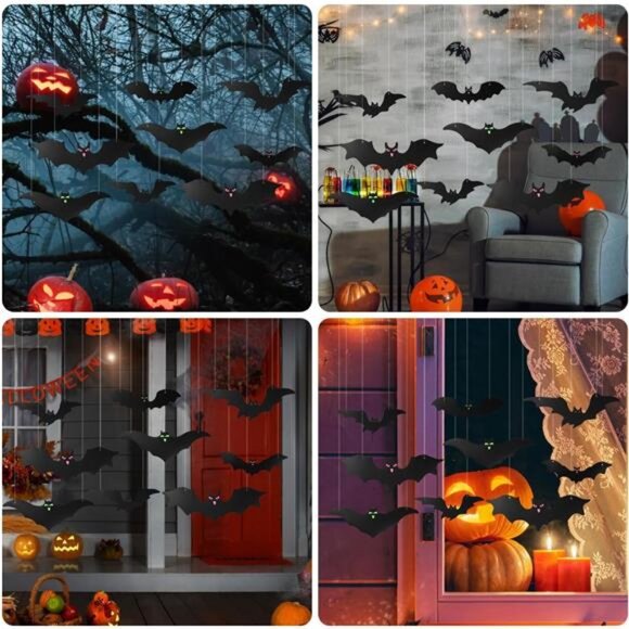 25Pcs Halloween Hanging Bats Decor, Large Plastic Flying Bats with Glowing Eyes - Picture 6 of 8